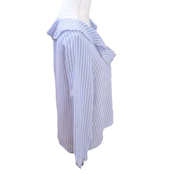 Zara Blue & White Striped Long Sleeve Ruffle Neckline Flowy Casual Blouse - Picture 2 of 5